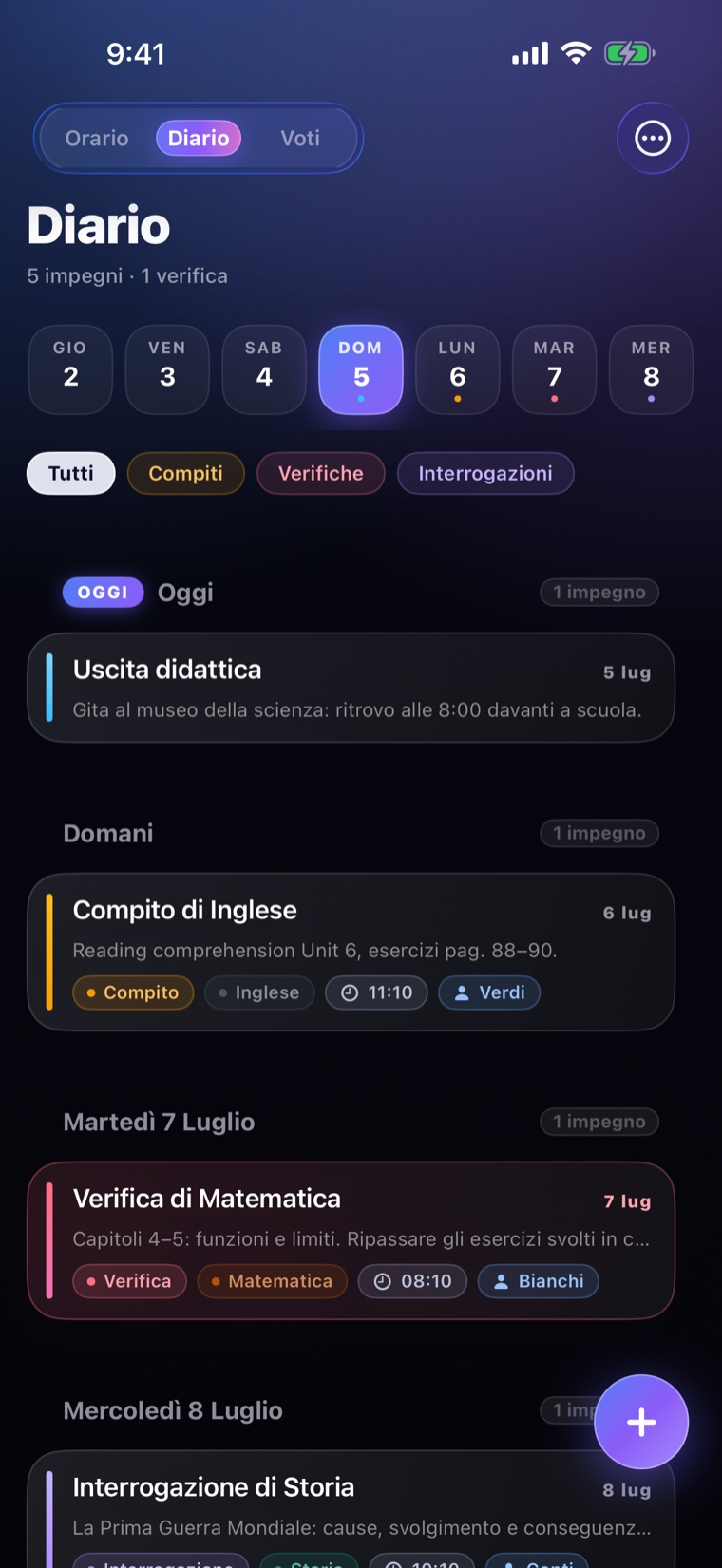 Diario con gli impegni dei prossimi giorni e le etichette per tipo, materia e docente.