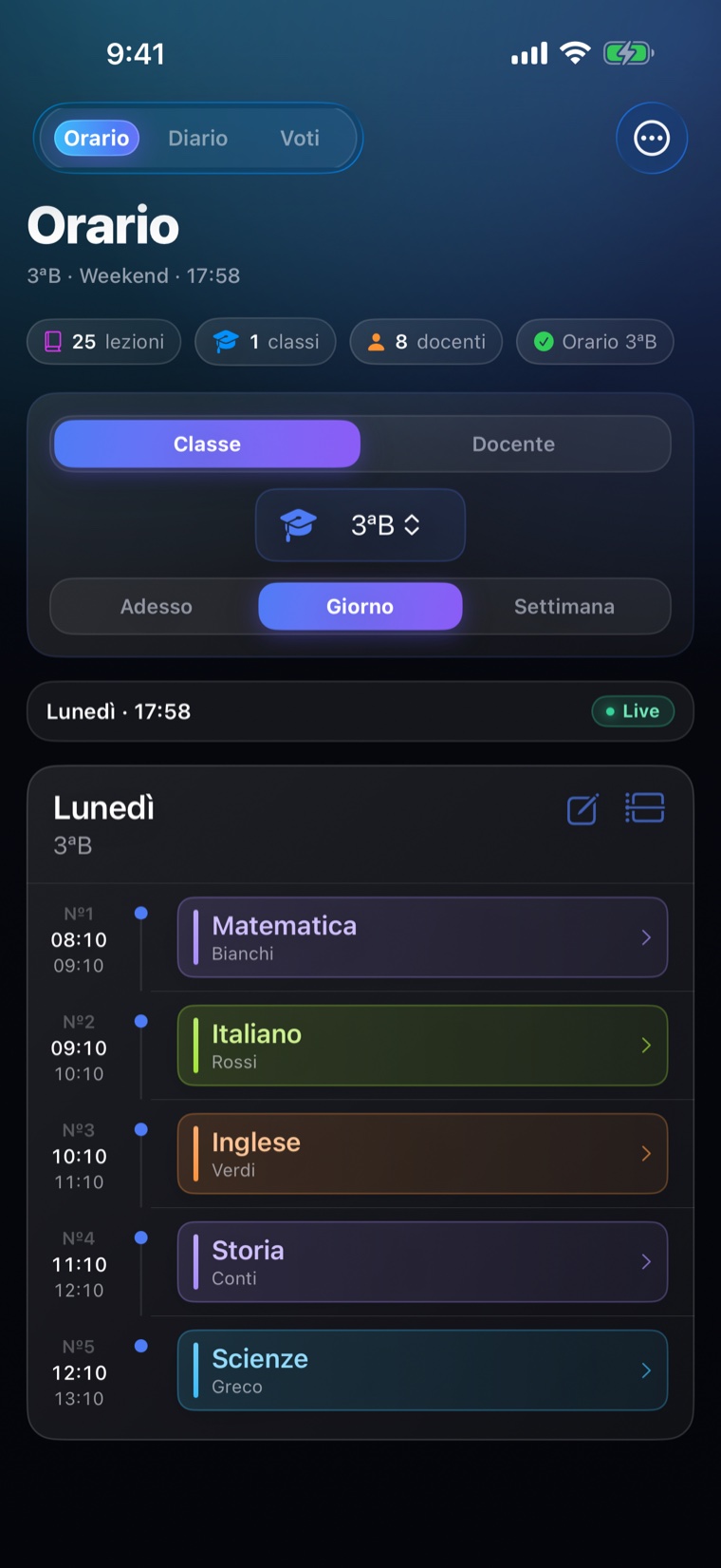 Schermata Orario di FindMyTeacher: le lezioni del giorno con orari e docenti.